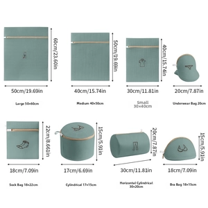 Size chart showing various sandwich mesh laundry bags in multiple dimensions and shapes