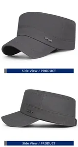 Detailed side view of grey cadet hat featuring a metallic SPORT emblem and twill cotton texture