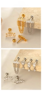 Detailed close-up of titanium steel geometric earrings with zircon and tassel chains