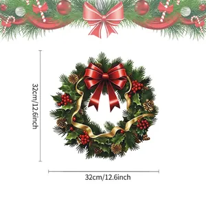 Detailed view of PVC Christmas wreath sticker with pine needles and red bow 32cm size