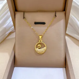 Hollow Round Swan Pendant Necklace Copper Micro Pave Zircon Stainless Steel Chain For Women Luxury Elegant