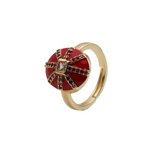 Vintage geometric copper open ring with red enamel and multicolor zircon micro-paving