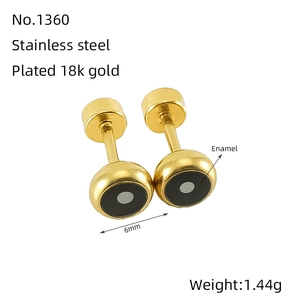 Detail showing 6mm stainless steel dumbbell earrings with black enamel and 18k gold plating