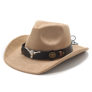 Faux suede western cowboy hat with silver bull head emblem and leather band detail
