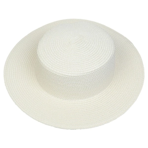 Detailed close-up showing the fine texture and wide brim of the white woven straw sun hat