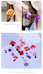 Macro view of mushroom resin earring silicone mold and sparkling DIY finished jewelry sets