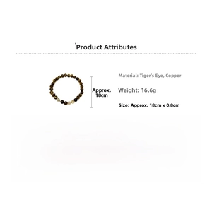 Vue détaillée des perles d'œil de tigre et de cuivre avec dimensions et poids du bracelet