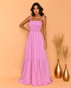 Mauve high-waisted spaghetti strap maxi dress with elastic bodice and tiered skirt