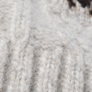 Light gray striped ribbed knit hat featuring fluffy mohair texture for winter warmth