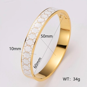 Elegant 10mm wide gold-plated 304 stainless steel bangle with white enamel inlay