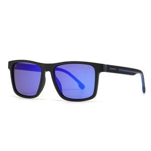 Classic rectangular TR90 sunglasses with matte black frames and blue mirror lenses
