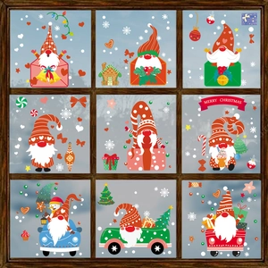 Christmas gnome window clings with snowflakes and Santa elements for festive glass decor