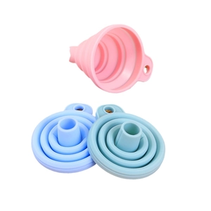 Set of three colorful silicone folding funnels in pink, blue and cyan with hanging holes