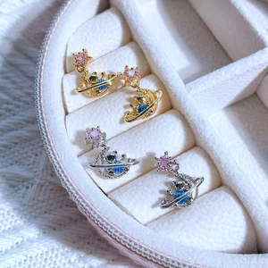 Boucles D'oreilles Puces Ours Étoile Lune Cuivre Zircon Plaqué Or Bijoux Romantiques Mode Coréenne Pour Femmes