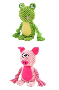 Detail view of durable plush frog and pig squeaky toys with sturdy cotton ropes for dogs
