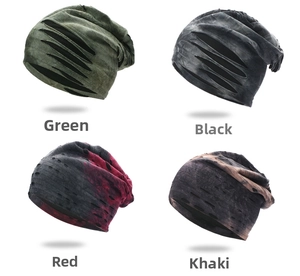 Detailed grid view of distressed tie-dye beanies in green, black, red, and khaki colors