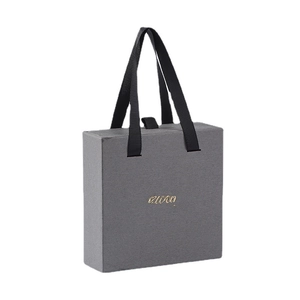 Square dark grey jewelry drawer box with gold text and black ribbon handle