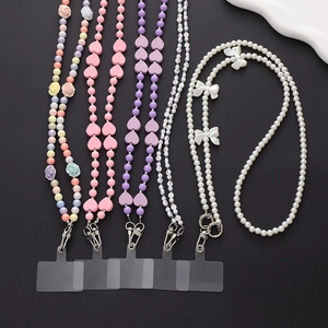 Acrylic Heart Bowknot Beaded Phone Chain Lanyard For Women Anti-lost Sweet Long Crossbody Mobile Phone Strap Jewelry