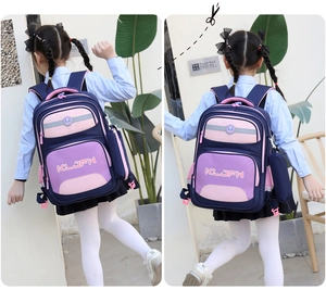 Detail of multi-compartment school backpack with pencil case in blue and pink fabric