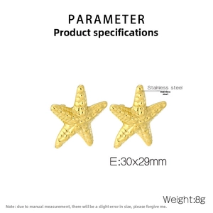 Macro detail of 30x29mm golden starfish earrings in polished stainless steel texture