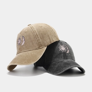Washed Cotton Baseball Cap Sun Moon Embroidery Distressed Retro Vintage Adjustable Snapback Hat