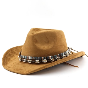 Western suede cowboy hat in tan with colorful woven band and shell accents