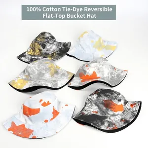 Various colorful tie-dye reversible cotton bucket hats for men and women