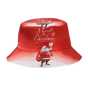 Red and white Christmas bucket hat featuring Santa Claus print and Merry Christmas text