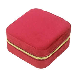 Detail view of red velvet square jewelry box with high-quality metal zipper closure