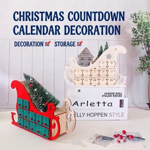 Wooden Christmas countdown calendar in sleigh shape with 24 drawers and mini house