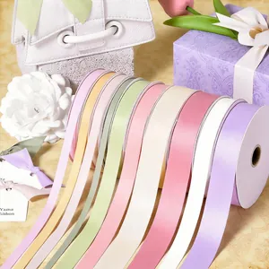 Polyester satin ribbon collection in pastel colors for gift wrapping and DIY crafts