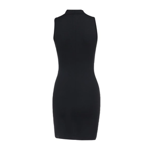 Detailed back view of a slim-fit black sleeveless knit dress showing textured fabric