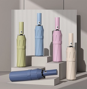 Detail view of 24-rib automatic folding umbrellas in Morandi colors with button handles