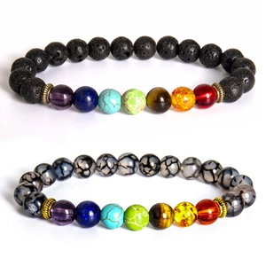 Handmade 7 Chakra lava stone and tiger eye beaded bracelet set on white background
