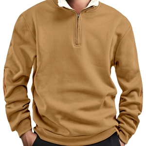 Men's khaki half-zip sweatshirt with vintage stand collar and white fleece lining