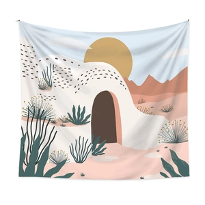 Detail of bohemian tapestry featuring abstract desert landscape and cactus art print
