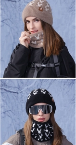 Close-up of knit beanie and neck warmer set with jacquard patterns for winter sports