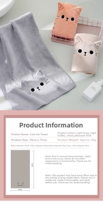 Detail view showing cat-shaped coral fleece towels with embroidery and 35x75cm dimensions