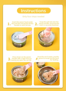 Pink cat paw shaped silicone pet food can opener and spoon tool shown in four steps