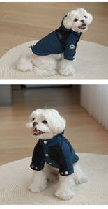 Detail of warm dog winter coat with metal snaps and windproof navy blue fabric