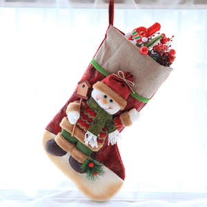 Christmas stocking gift bag with 3D snowman, festive linen and plush holiday decoration
