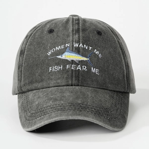 Washed dark gray baseball cap with Women Want Me Fish Fear Me embroidery marlin