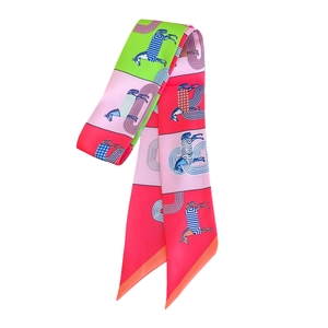 Elegant silk-feel plaid horse print twilly scarf in vibrant multi-color satin finish