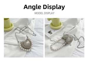 Detailed views of silver heart-shaped purse with pearl trim and stylish bead chain