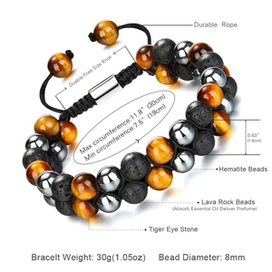 Bracciale da uomo regolabile a tre strati con occhio di tigre, pietra lavica ed ematite