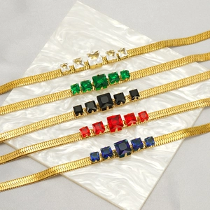 Flat gold blade chain necklaces with five square zircon stones in multiple colors
