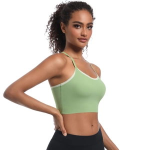 Cross back light green sports bra with white contrast trim and high elastic yoga fabric