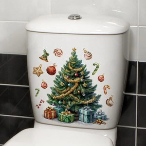Waterproof Christmas tree sticker with colorful gift boxes on white bathroom toilet tank