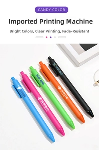 Macro view of five colorful pastel retractable gel pens showing custom printed brand logos