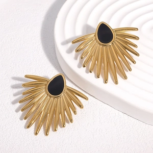 Boucles d'oreilles éventail en acier doré 18k avec goutte noire pour femmes